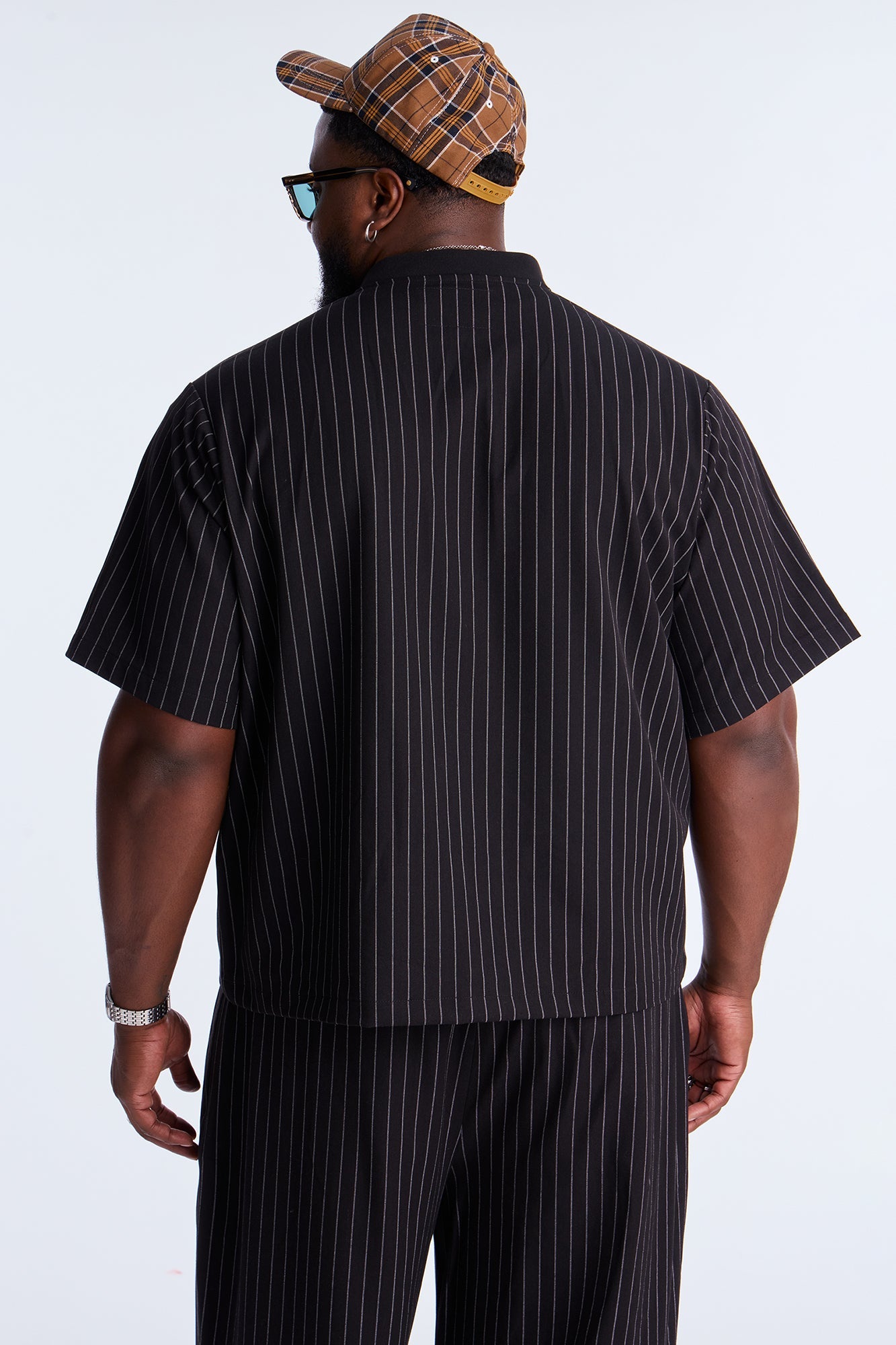 Straight Striped Mandarin Short Sleeve Shirt - Black