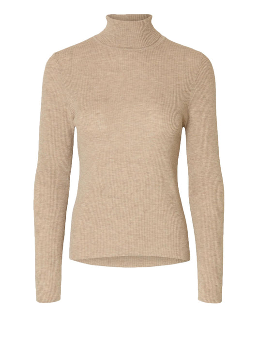 Selected Slfingrid Ls Knit Wool Blend Roll Neck Beige