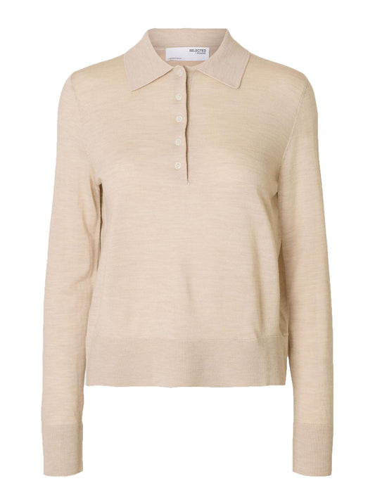 Selected Slfthea Ls Knit Merino Collar Neck Beige