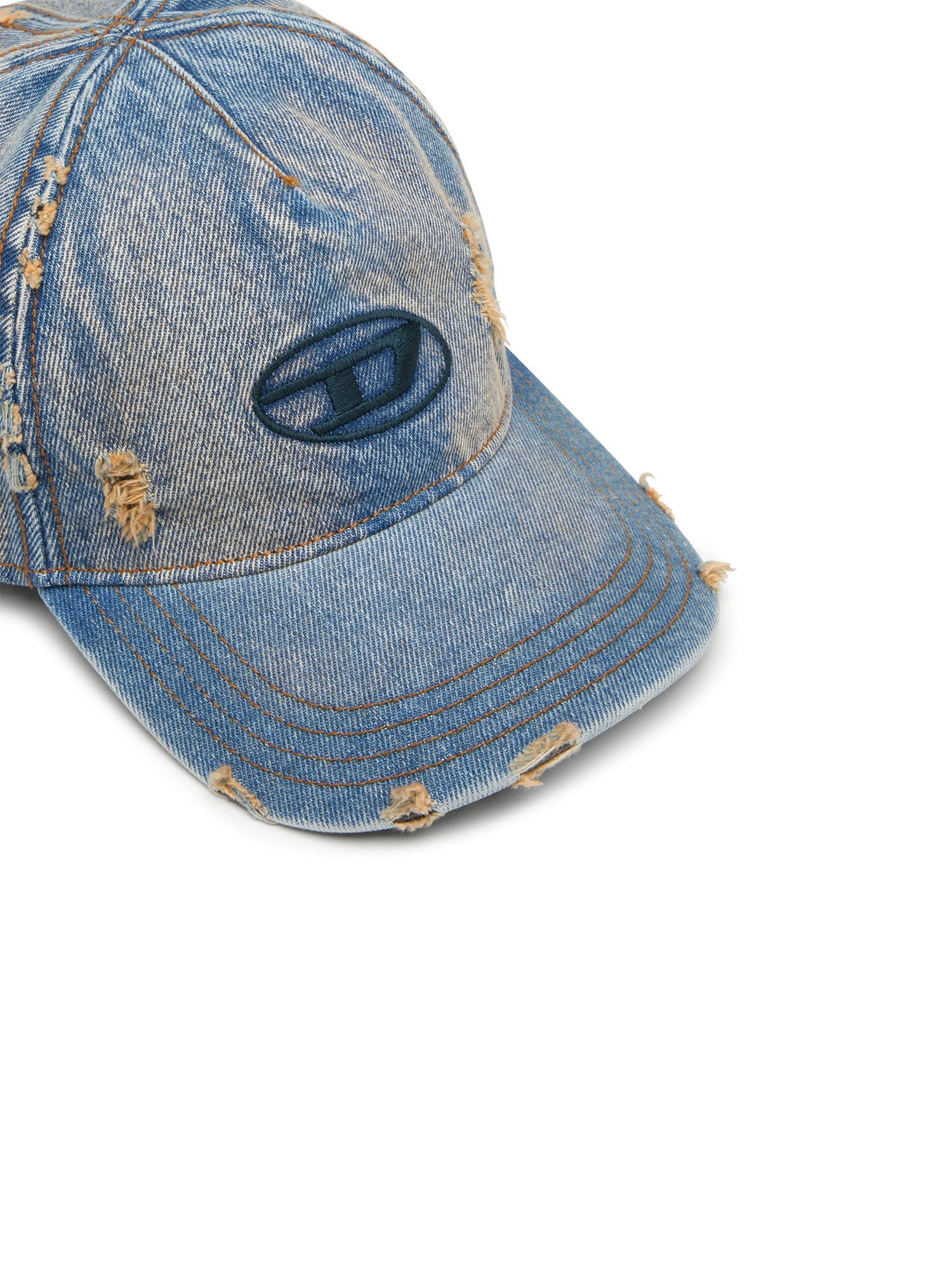 Diesel Cappellino in denim con dettagli sfrangiati e logo ricamato Blu