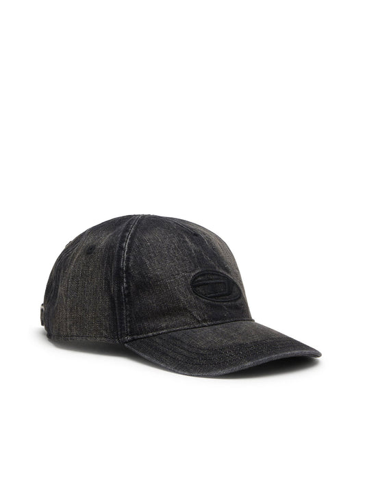Diesel Cappellino in denim con dettagli sfrangiati e logo ricamato Nero